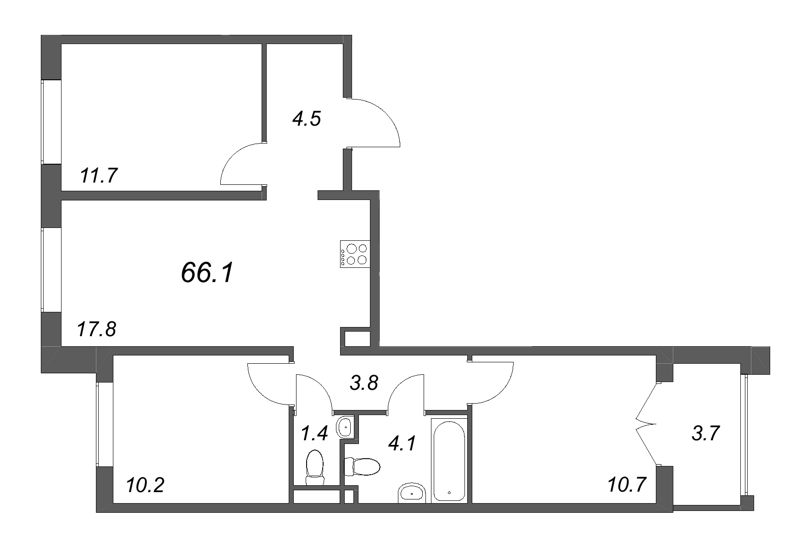 4-комнатная (Евро) квартира, 66.1 м² в ЖК "Пулково Lake" - планировка, фото №1