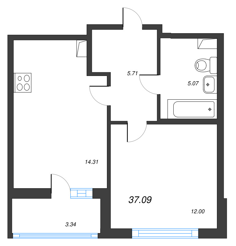 1-комнатная квартира, 37.09 м² в ЖК "Ясно.Янино" - планировка, фото №1