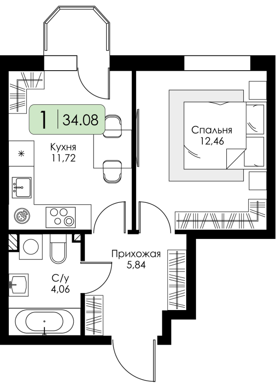 1-комнатная квартира, 34.08 м² в ЖК "Всевгород" - планировка, фото №1