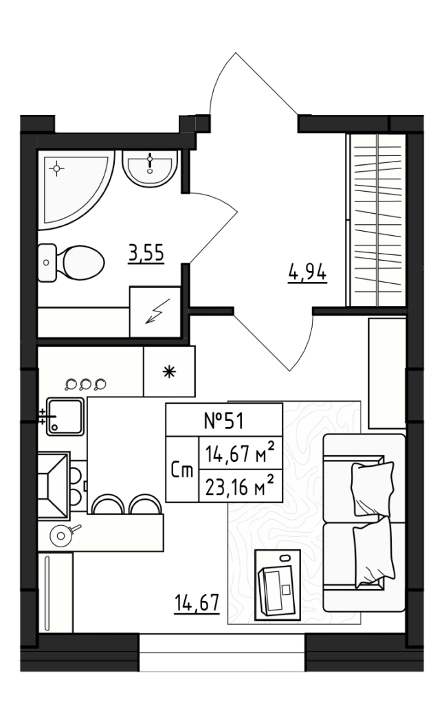 Квартира-студия, 23.16 м² - планировка, фото №1