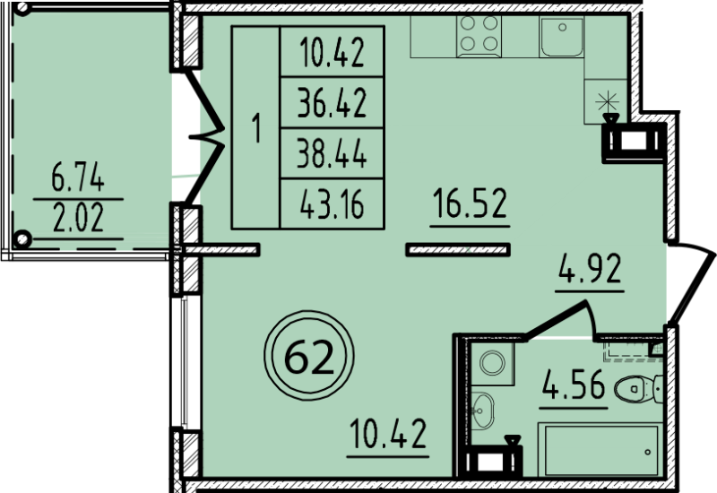 2-комнатная (Евро) квартира, 36.42 м² в ЖК "Образцовый квартал 14" - планировка, фото №1