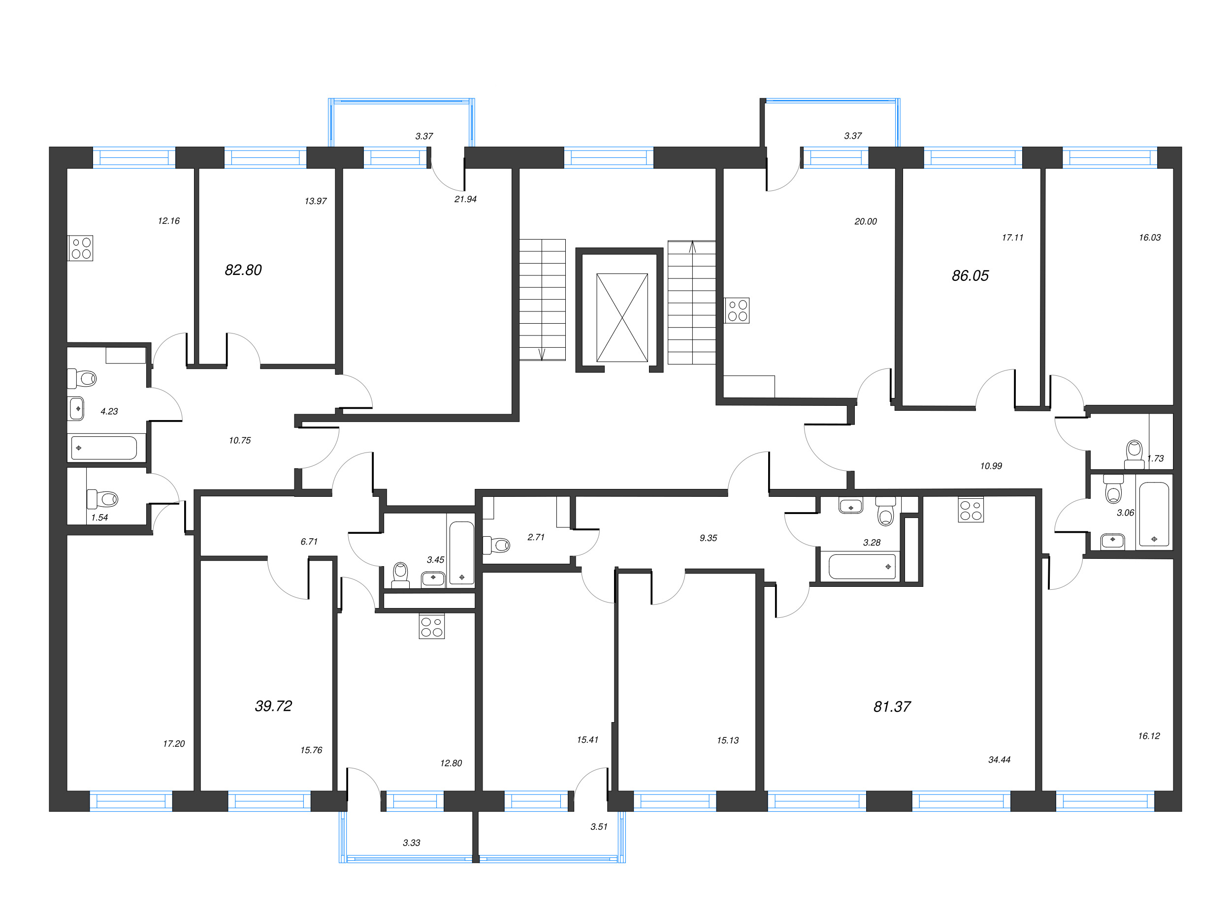 3-комнатная (Евро) квартира, 80.32 м² - планировка этажа