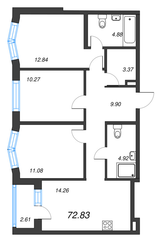 3-комнатная квартира, 72.83 м² - планировка, фото №1