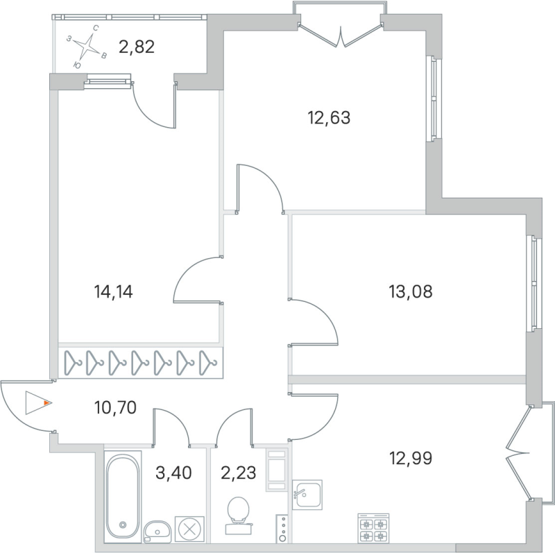 3-комнатная квартира, 69.17 м² в ЖК "Любоград" - планировка, фото №1