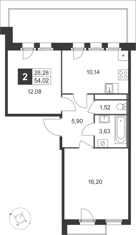 2-комнатная квартира, 54.02 м² в ЖК "Слобода" - планировка, фото №1