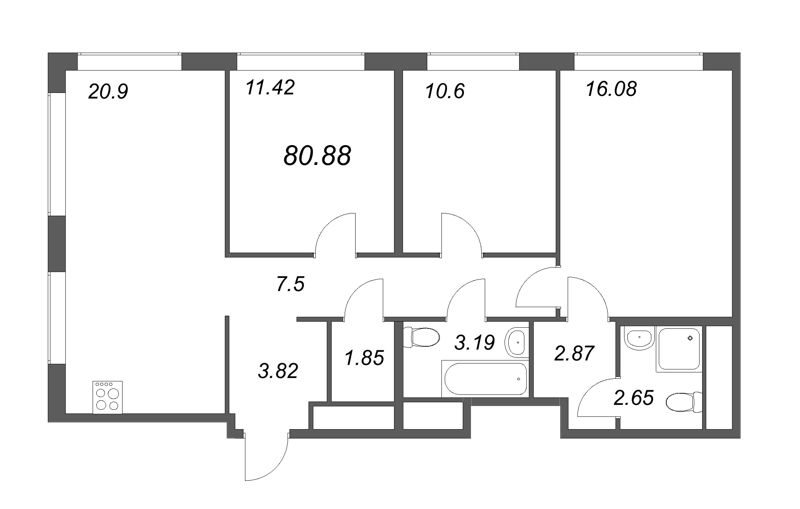 4-комнатная (Евро) квартира, 80.88 м² - планировка, фото №1