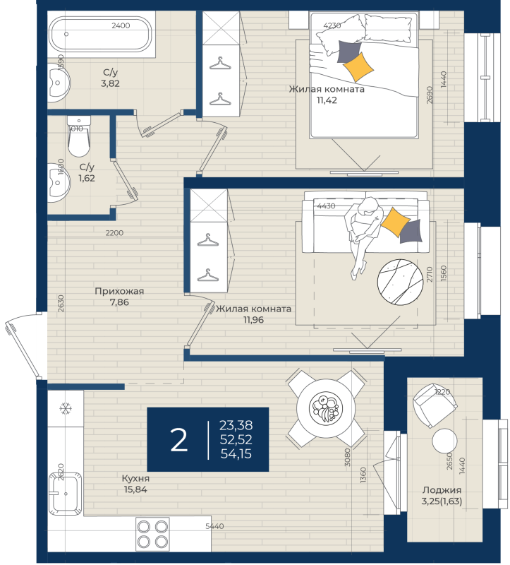 3-комнатная (Евро) квартира, 54.15 м² в ЖК "Новатория" - планировка, фото №1