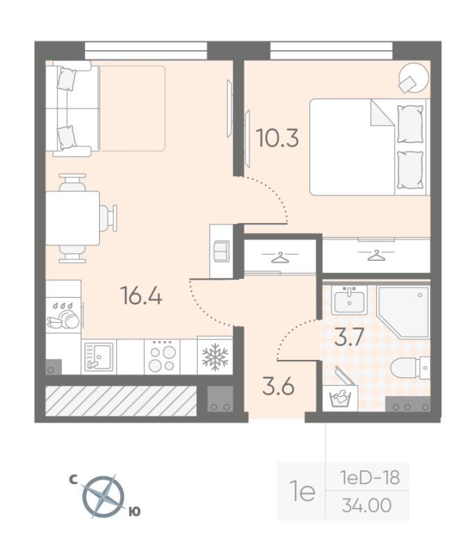 2-комнатная (Евро) квартира, 34 м² в ЖК "Пулково Lake" - планировка, фото №1