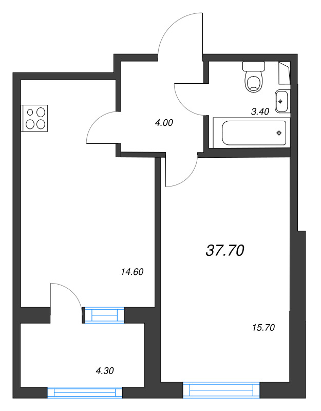 1-комнатная квартира, 37.7 м² в ЖК "ЮгТаун" - планировка, фото №1