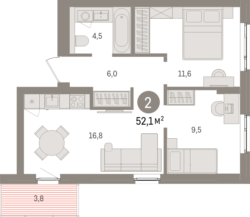 3-комнатная (Евро) квартира, 52.1 м² в ЖК "Брусника в Новоселье" - планировка, фото №1