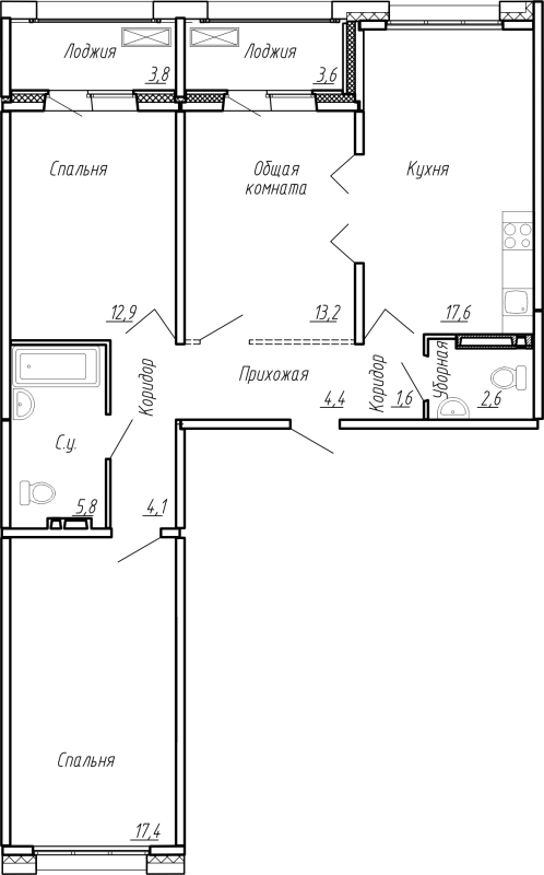 4-комнатная (Евро) квартира, 87 м² в ЖК "Сибирь" - планировка, фото №1