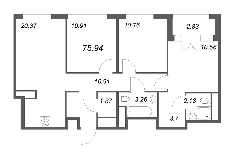 4-комнатная (Евро) квартира, 75.94 м² в ЖК "GloraX Василеостровский" - планировка, фото №1