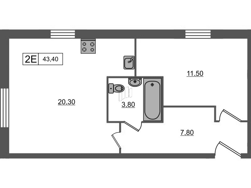 1-комнатная квартира, 43.4 м² в ЖК "PROMENADE" - планировка, фото №1