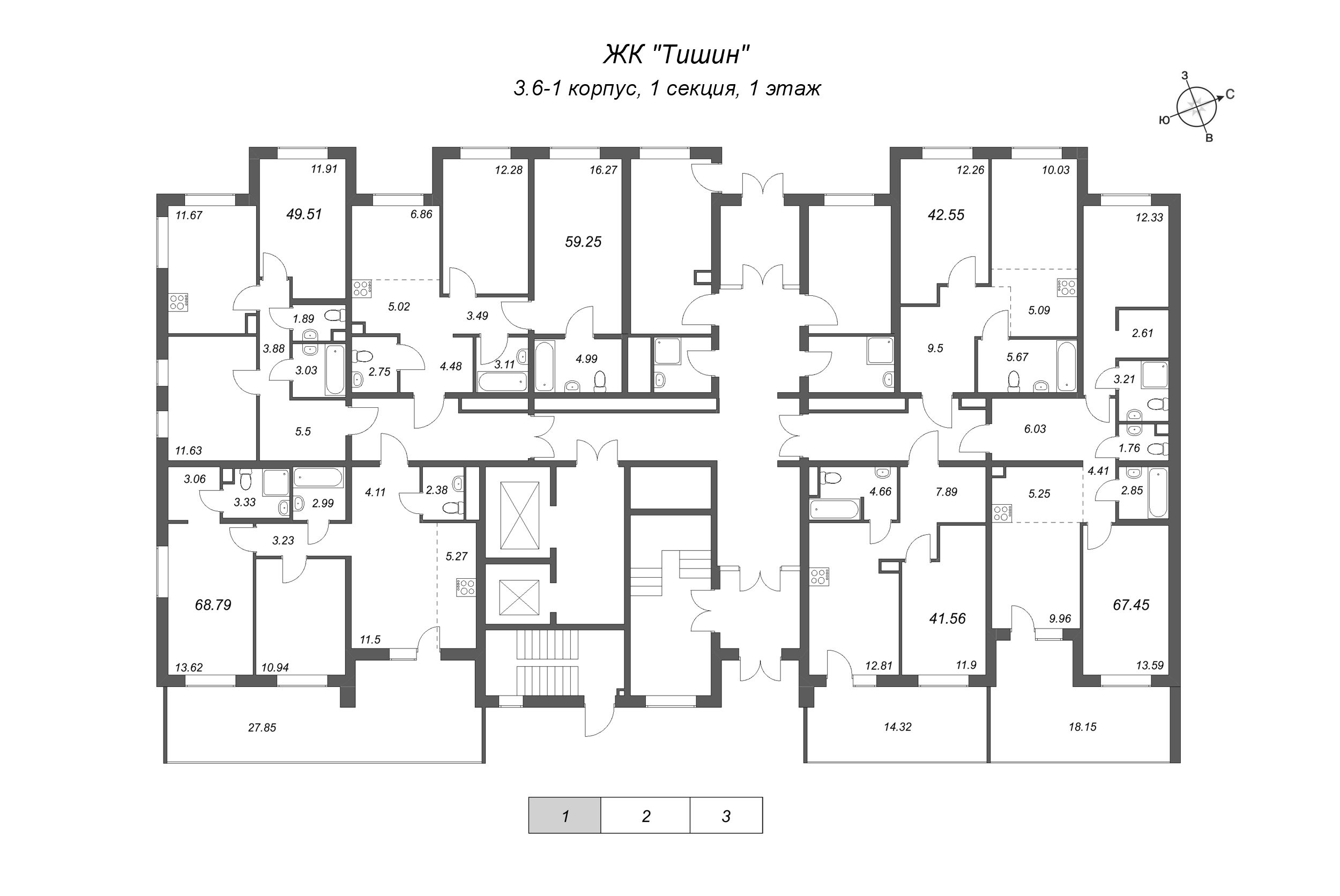 2-комнатная квартира, 49.51 м² в ЖК "Тишин" - планировка этажа