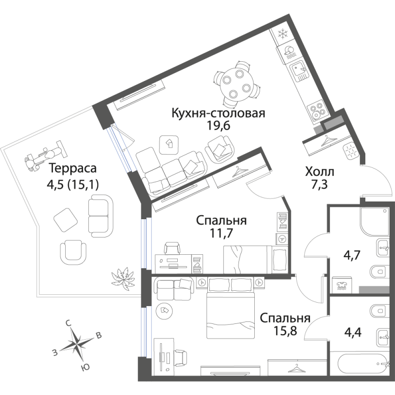 3-комнатная (Евро) квартира, 68 м² в ЖК "Экография" - планировка, фото №1