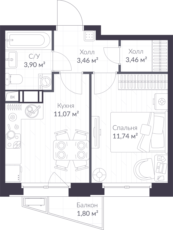 1-комнатная квартира, 32.81 м² в ЖК "VEREN NORT сертолово" - планировка, фото №1