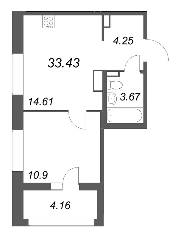 1-комнатная квартира, 33.43 м² в ЖК "Ультра Сити 3.0" - планировка, фото №1