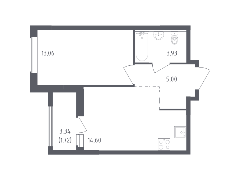 1-комнатная квартира, 38.31 м² - планировка, фото №1