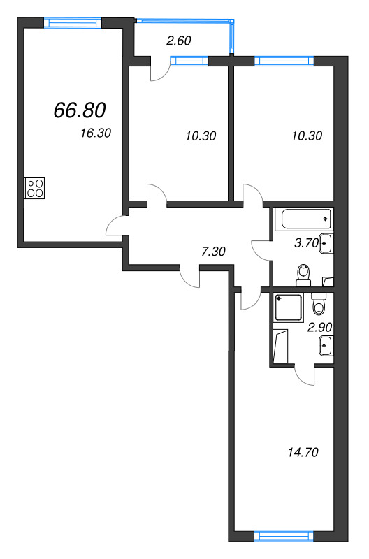 3-комнатная квартира, 66.8 м² в ЖК "Ручьи" - планировка, фото №1