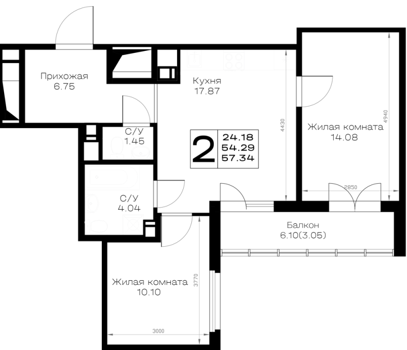 3-комнатная (Евро) квартира, 57.34 м² в ЖК "Борский" - планировка, фото №1