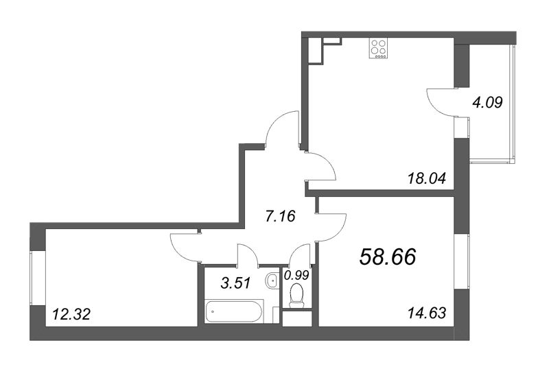 3-комнатная (Евро) квартира, 58.66 м² в ЖК "Аквилон All in 3.0" - планировка, фото №1