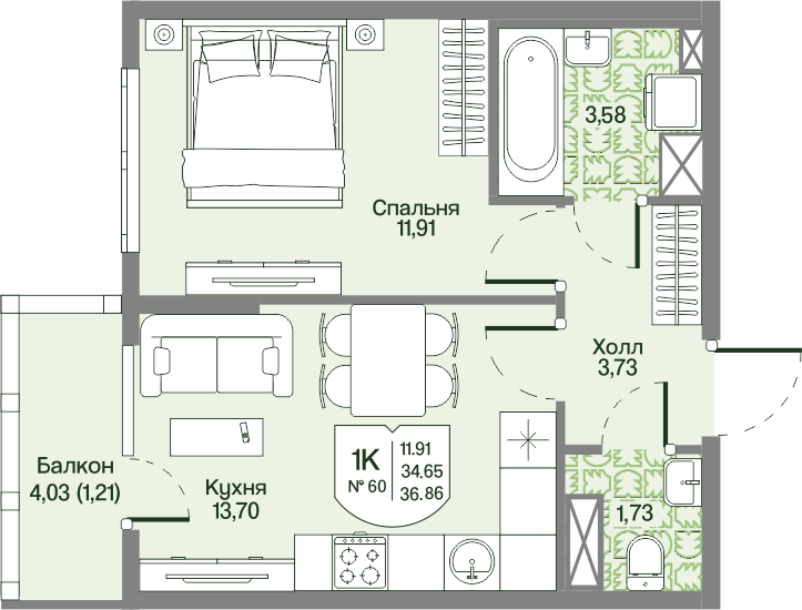 1-комнатная квартира, 35.86 м² в ЖК "Охтинские высоты" - планировка, фото №1