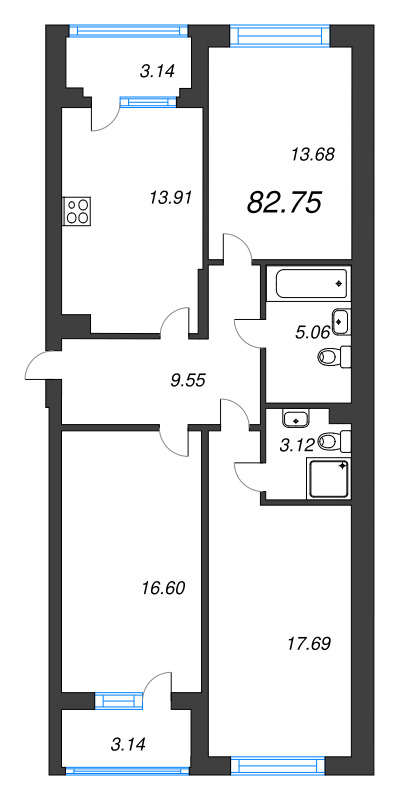 4-комнатная (Евро) квартира, 82.75 м² в ЖК "Охтинские высоты" - планировка, фото №1