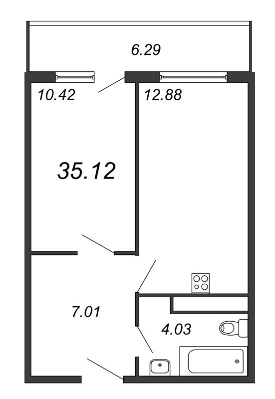 1-комнатная квартира, 36.23 м² - планировка, фото №1