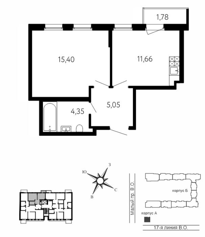 1-комнатная квартира, 36.99 м² в ЖК "17-я линия" - планировка, фото №1