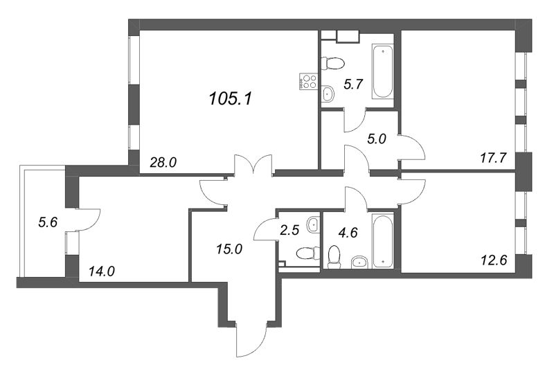 4-комнатная (Евро) квартира, 105.1 м² в ЖК "Коллекционер" - планировка, фото №1
