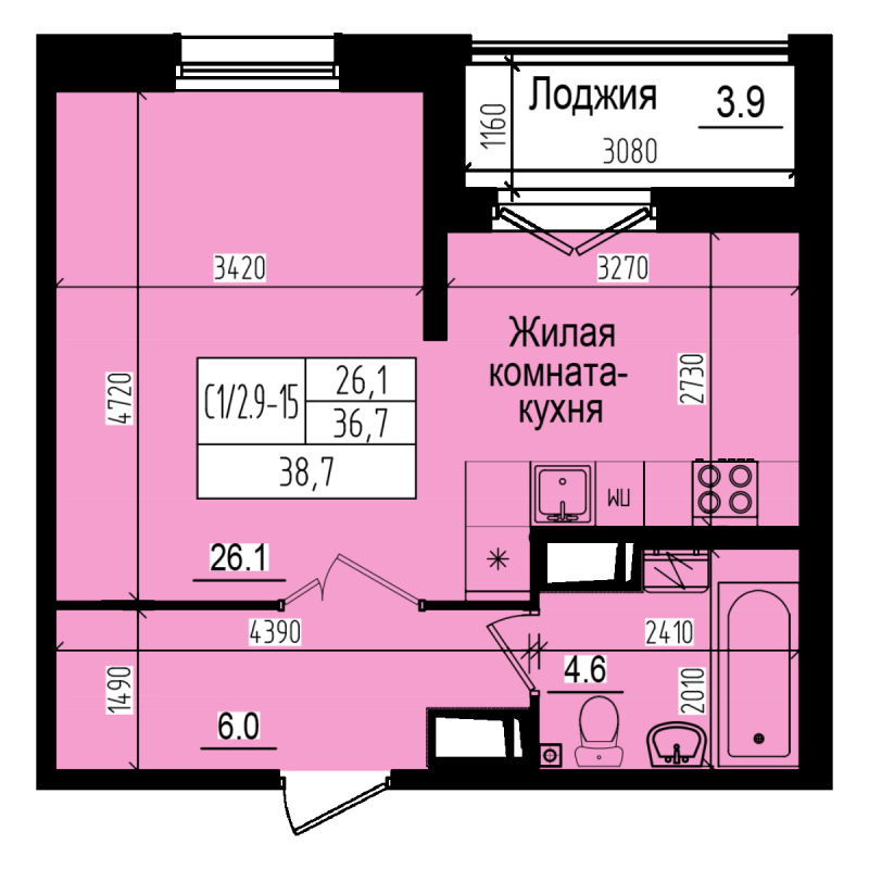 Квартира-студия, 38.7 м² в ЖК "ПРАГМА city" - планировка, фото №1