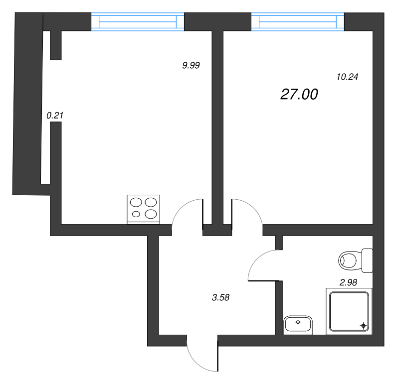 1-комнатная квартира, 27 м² - планировка, фото №1