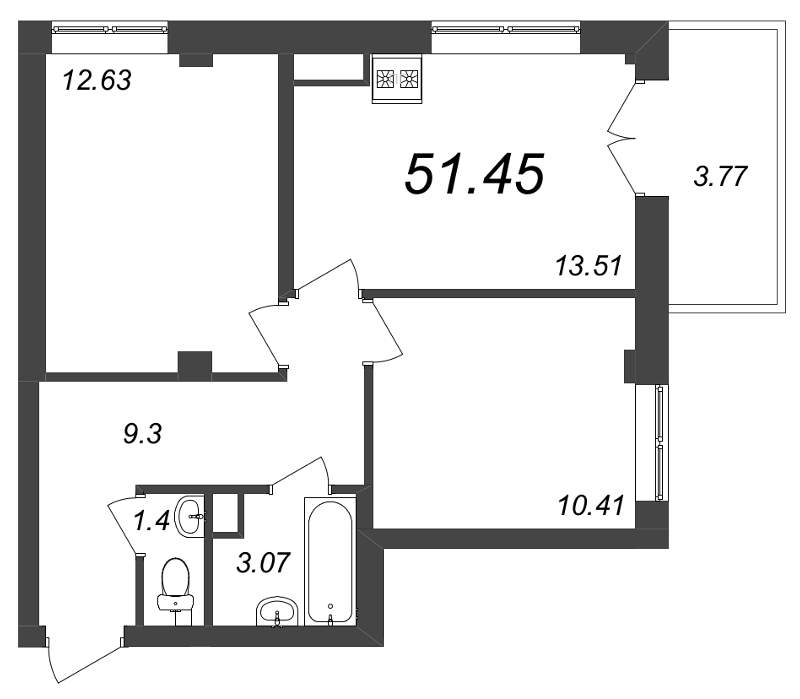 2-комнатная квартира, 51.45 м² - планировка, фото №1