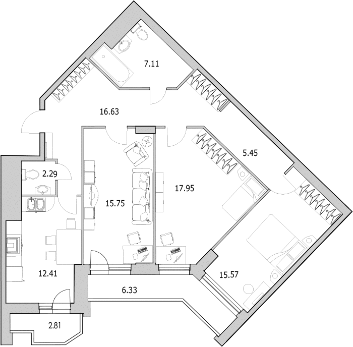 3-комнатная квартира, 101.8 м² в ЖК "Байрон" - планировка, фото №1