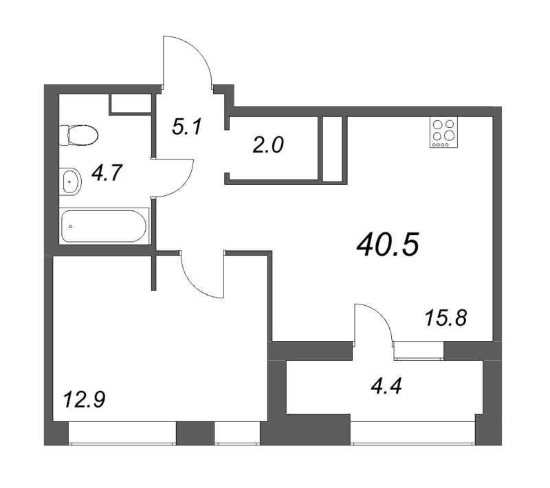 1-комнатная квартира, 40.5 м² в ЖК "Куинджи" - планировка, фото №1
