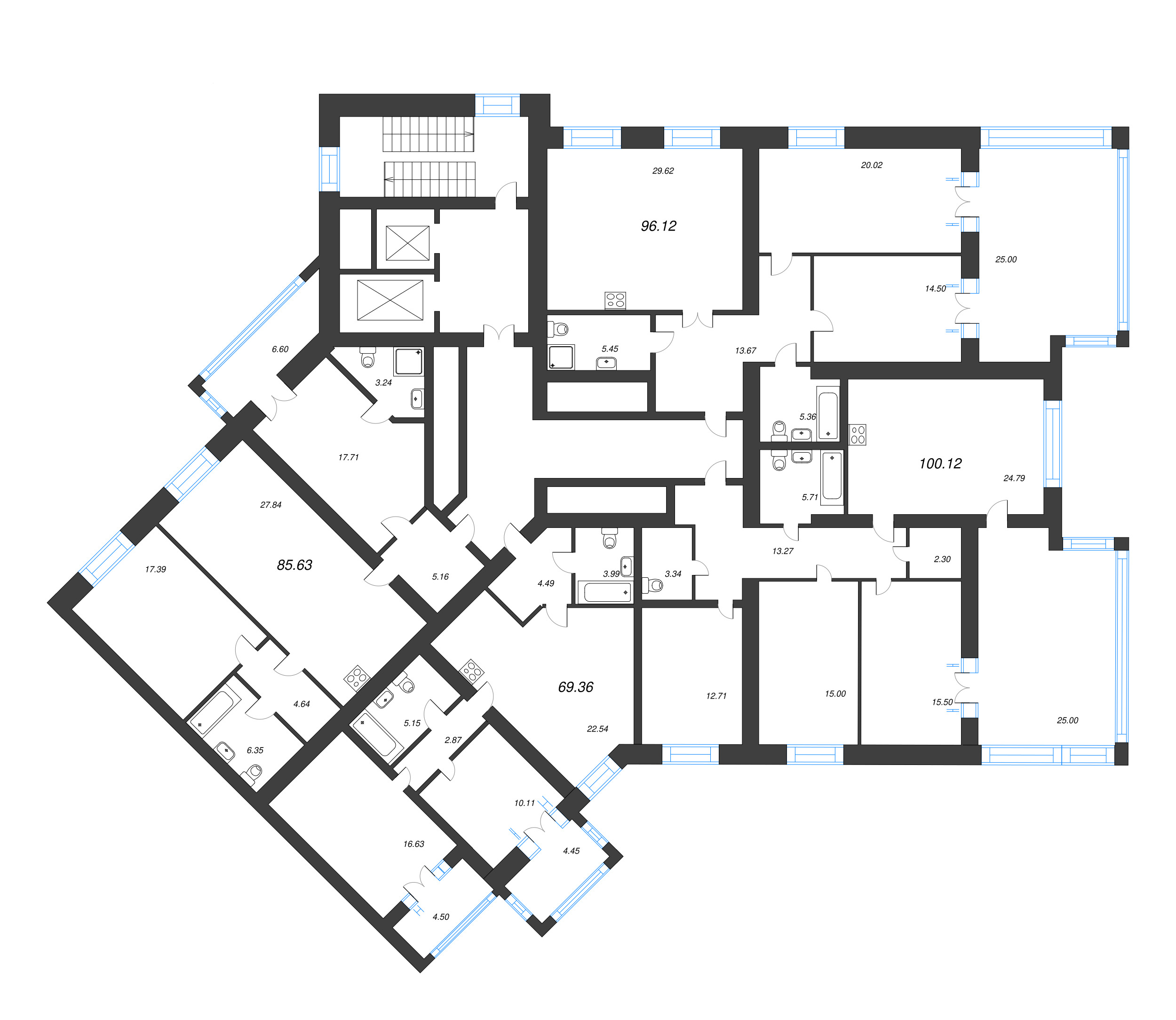 2-комнатная квартира, 96.3 м² - планировка этажа