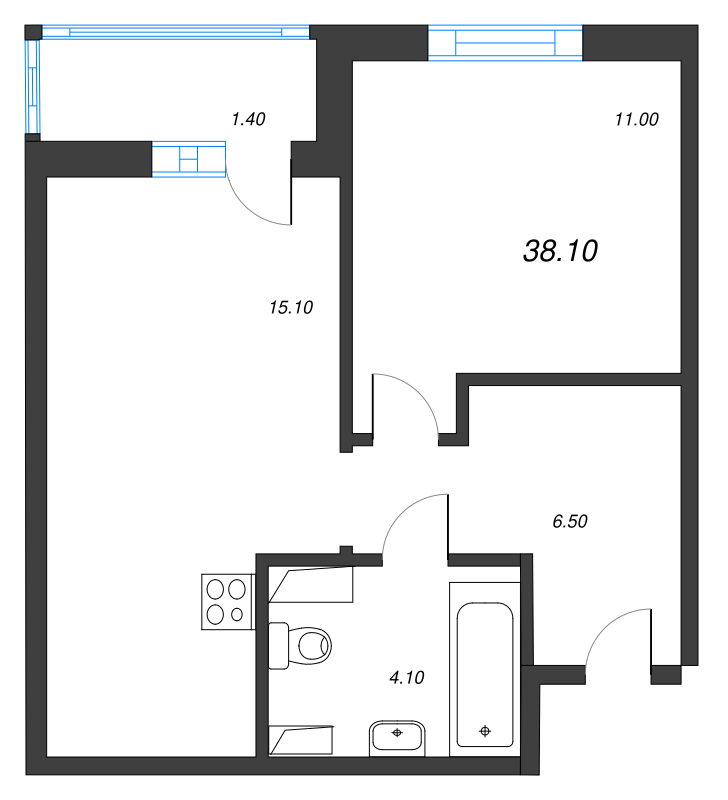 2-комнатная (Евро) квартира, 38.1 м² в ЖК "Ветер перемен 2" - планировка, фото №1
