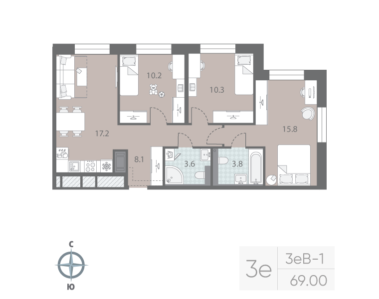 4-комнатная (Евро) квартира, 69 м² в ЖК "Большая Охта" - планировка, фото №1