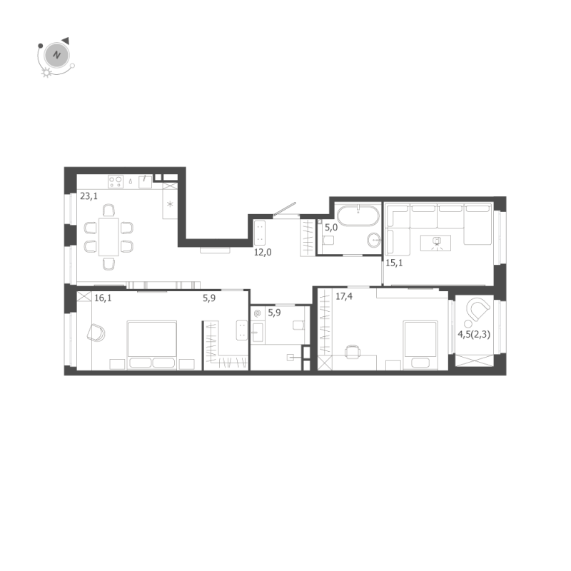 4-комнатная (Евро) квартира, 102.8 м² в ЖК "ЛДМ" - планировка, фото №1