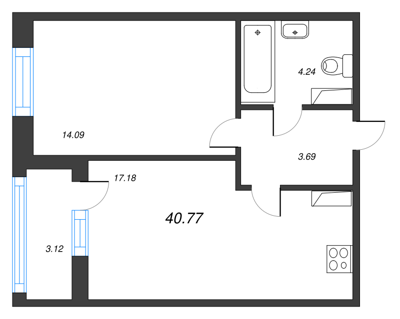 2-комнатная (Евро) квартира, 40.83 м² в ЖК "Аквилон Leaves" - планировка, фото №1