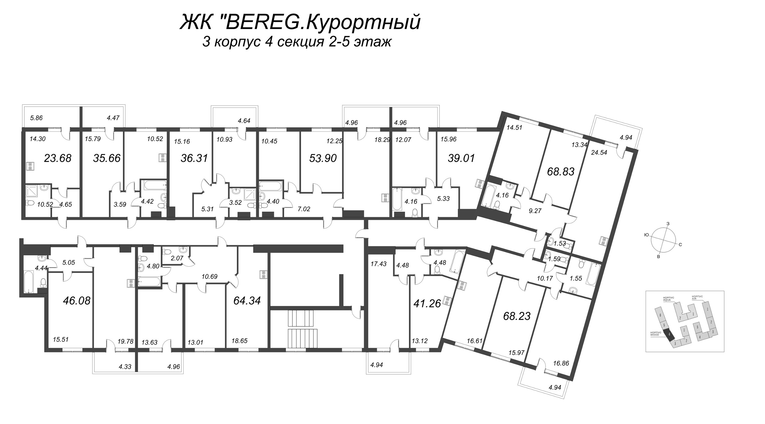 3-комнатная (Евро) квартира, 64.34 м² - планировка этажа