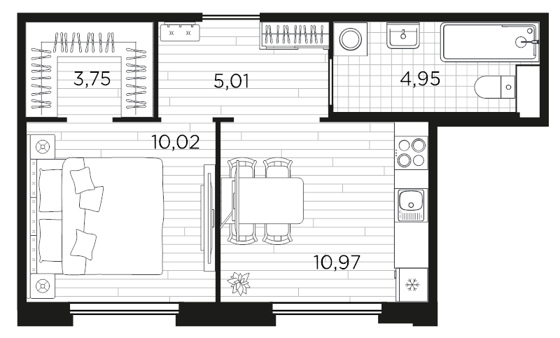 1-комнатная квартира, 34.7 м² в ЖК "PLUS Пулковский" - планировка, фото №1