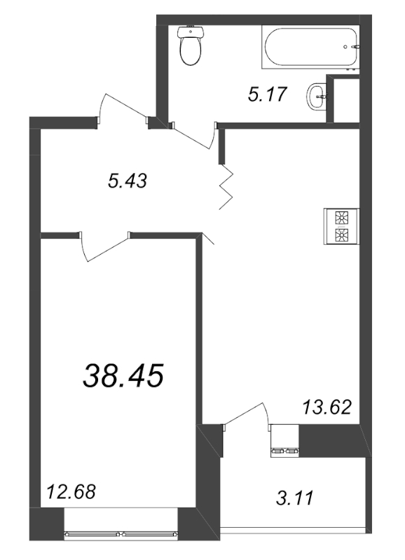 1-комнатная квартира, 38.6 м² в ЖК "Уютный" - планировка, фото №1