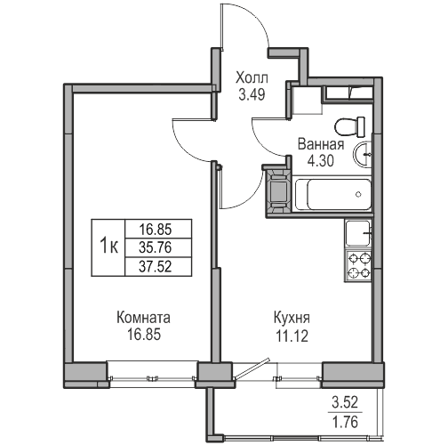 1-комнатная квартира, 37.52 м² в ЖК "Юнтолово" - планировка, фото №1