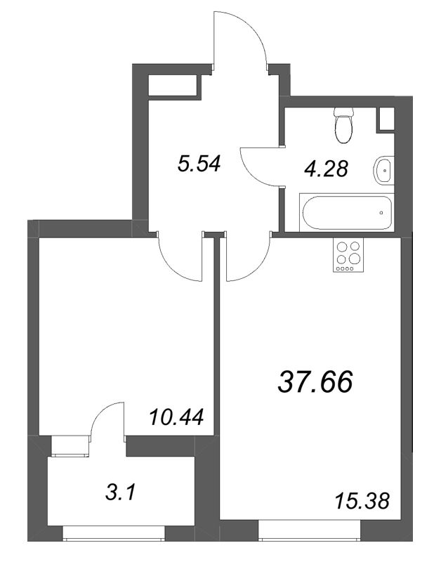 1-комнатная квартира, 37.66 м² в ЖК "Аквилон Солар" - планировка, фото №1