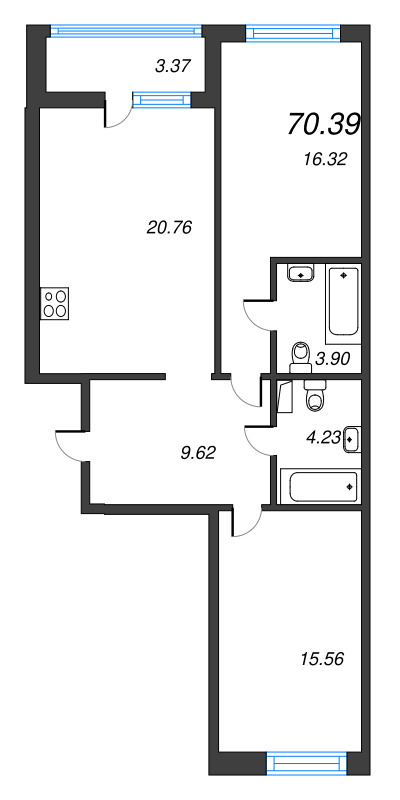 3-комнатная (Евро) квартира, 70.39 м² в ЖК "Чёрная речка" - планировка, фото №1