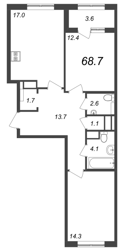 2-комнатная квартира, 68.6 м² - планировка, фото №1