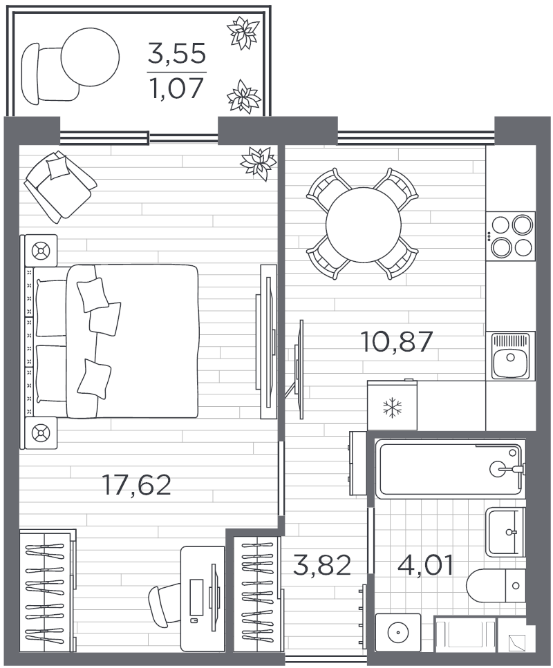 2-комнатная (Евро) квартира, 37.39 м² в ЖК "PLUS Пулковский" - планировка, фото №1
