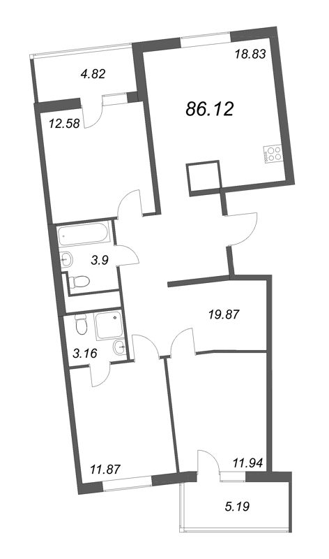 4-комнатная (Евро) квартира, 86.12 м² - планировка, фото №1