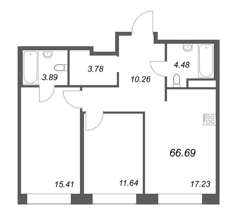 3-комнатная (Евро) квартира, 66.69 м² - планировка, фото №1